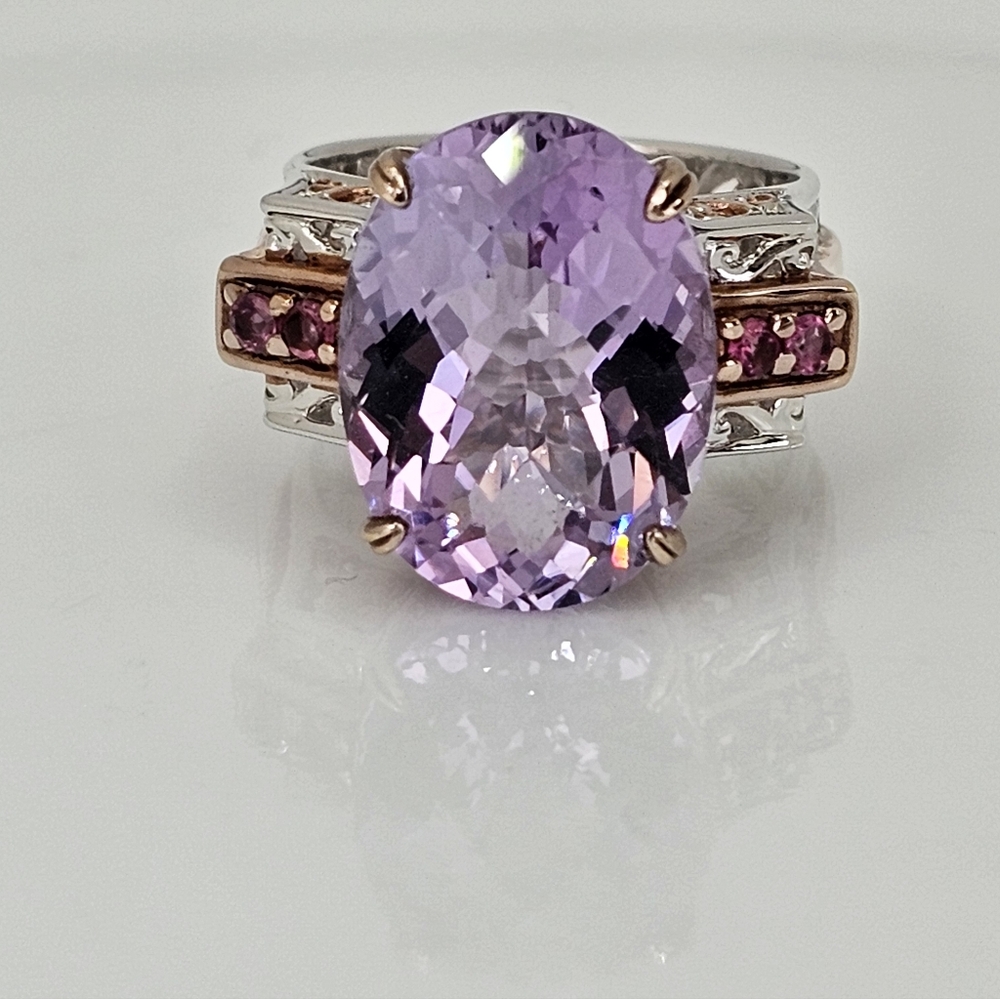 Natural Pink Amethyst & Tourmaline Palladium Sterling Silver 18k Ring Size 7!